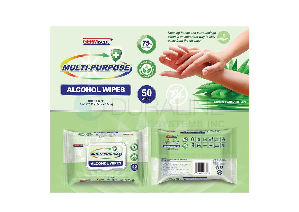 GERMisept Anti-Bacterial Wipes, 75% alcohol, Embossed Nonwoven, 50 wipes/pack, 24 packs/case