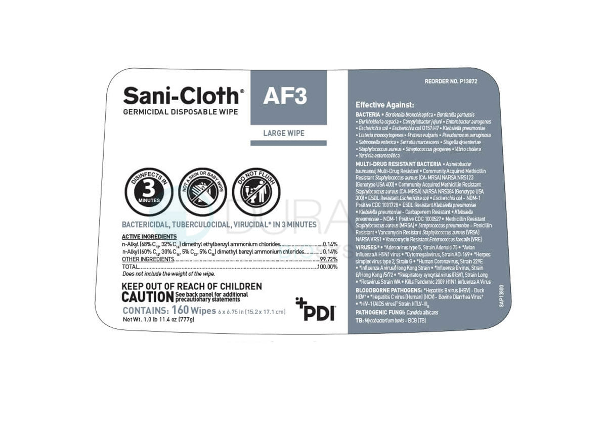 Sani-Cloth AF3 Germicidal Disposable Wipes P13872 6" x 6.75" Large wipes, 160 wipes/canister, 12 canisters/case