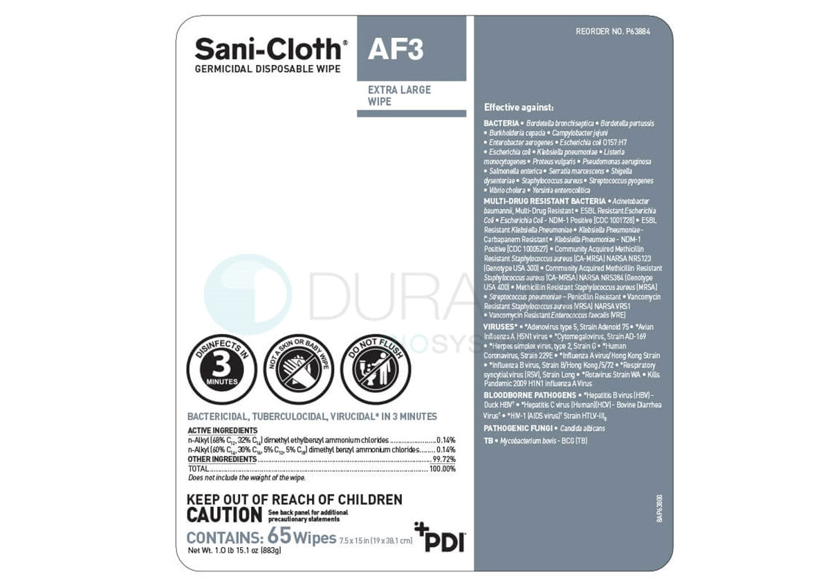 Sani-Cloth AF3 Germicidal Disposable Wipes P63884 7.5 x 15" X-Large wipes, 65 wipes/canister, 6 canisters/case