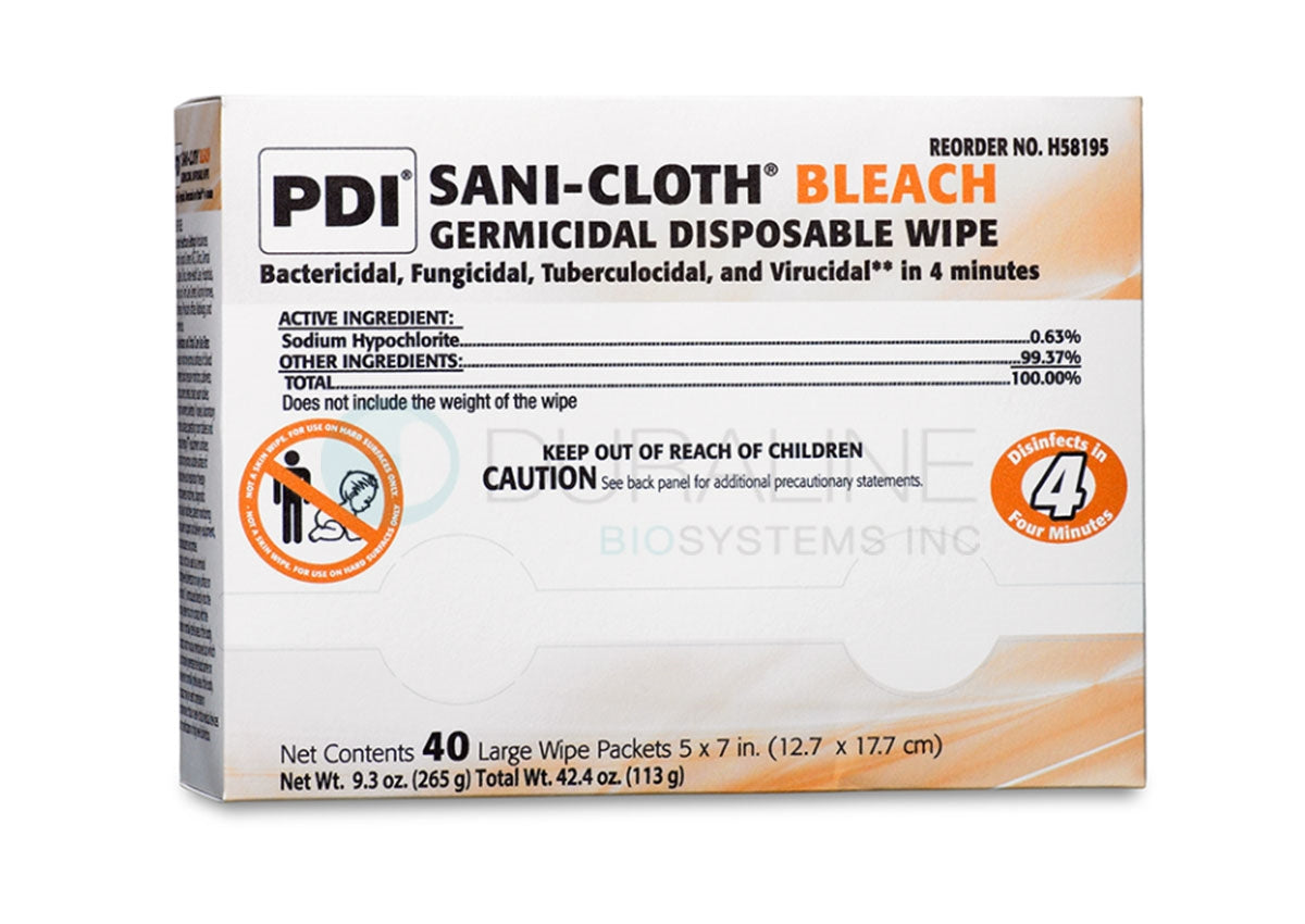 Sani-Cloth Bleach Germicidal Disposable Wipes H58195 5" x 7" 40 individually wipes per box, 10 boxes/case