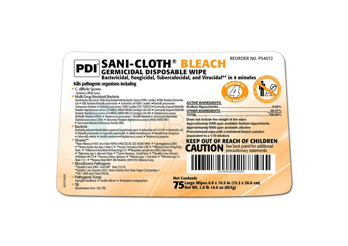 Sani-Cloth Bleach Germicidal Disposable Wipes P54072 6" x 10.5" 75 wipes/canister, 12 canisters/case