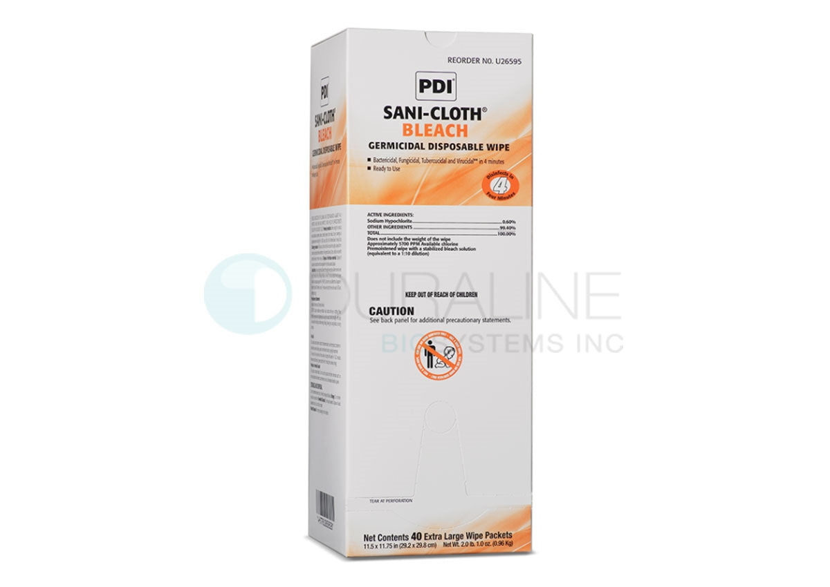 Sani-Cloth Bleach Germicidal Disposable Wipes U26595 11.5" x 11.75" 40 XL wipes per box, 3 boxes/case