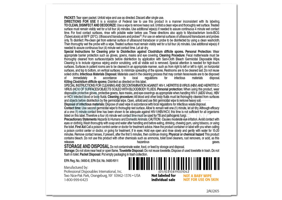 Sani-Cloth Bleach Germicidal Disposable Wipes U26595 11.5" x 11.75" 40 XL wipes per box, 3 boxes/case