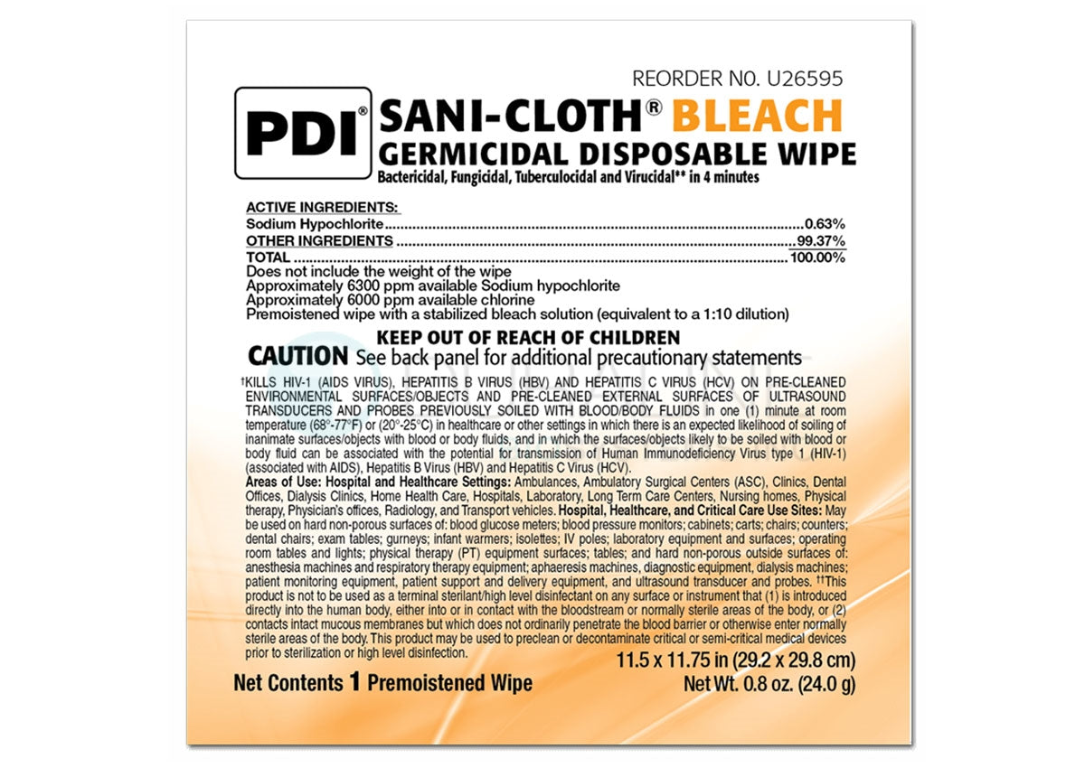Sani-Cloth Bleach Germicidal Disposable Wipes U26595 11.5" x 11.75" 40 XL wipes per box, 3 boxes/case