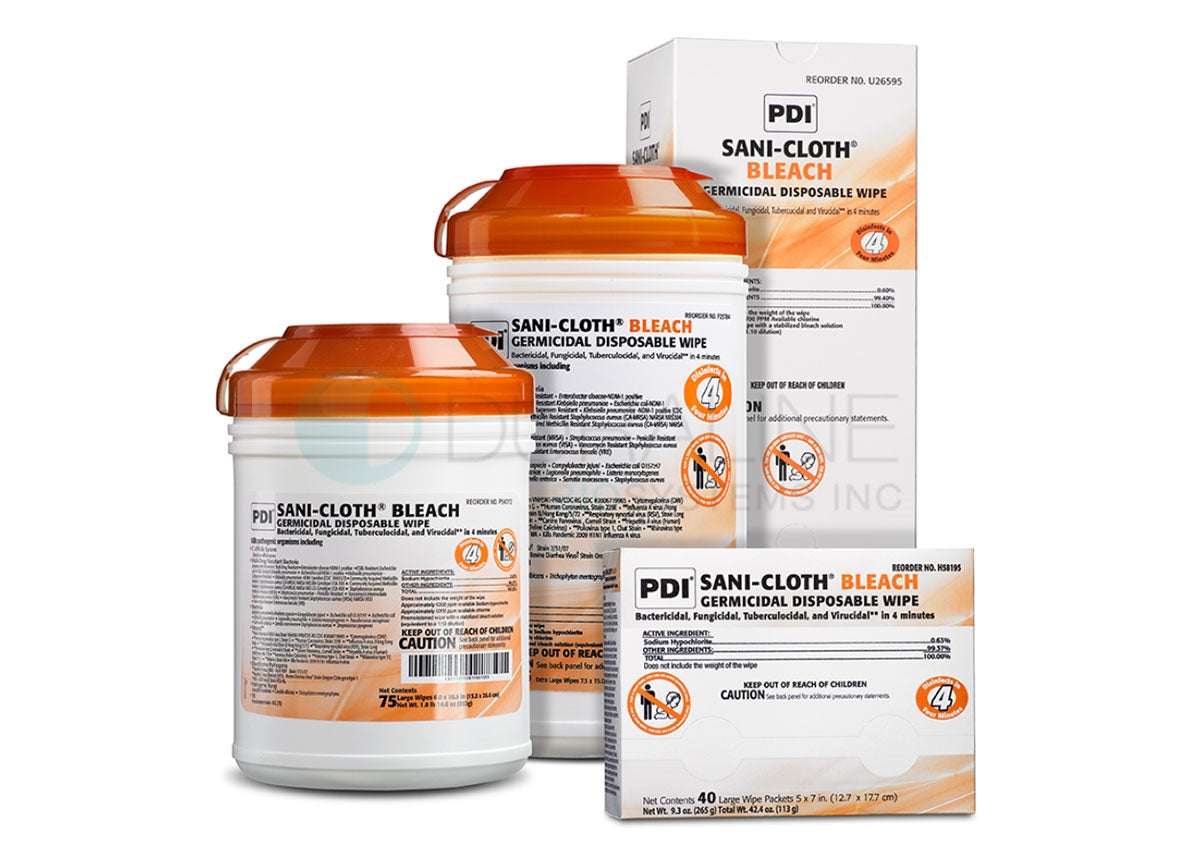 Sani-Cloth Bleach Germicidal Disposable Wipes U26595 11.5" x 11.75" 40 XL wipes per box, 3 boxes/case
