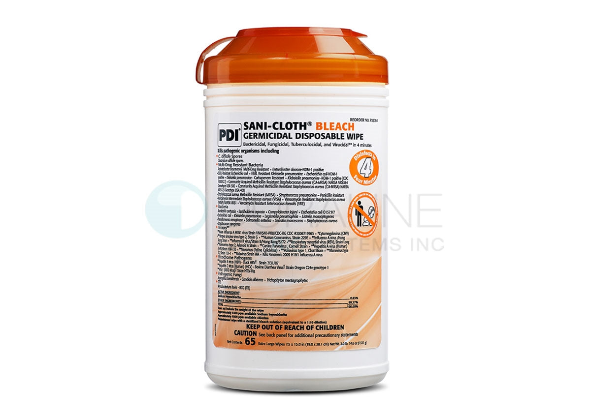 Sani-Cloth Bleach Germicidal Disposable Wipes P25784 7.5" x 15" 65 XL wipes per canister, 6 canisters/case