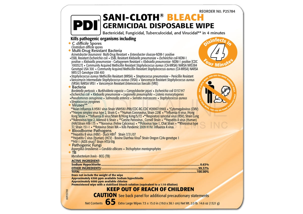 Sani-Cloth Bleach Germicidal Disposable Wipes P25784 7.5" x 15" 65 XL wipes per canister, 6 canisters/case