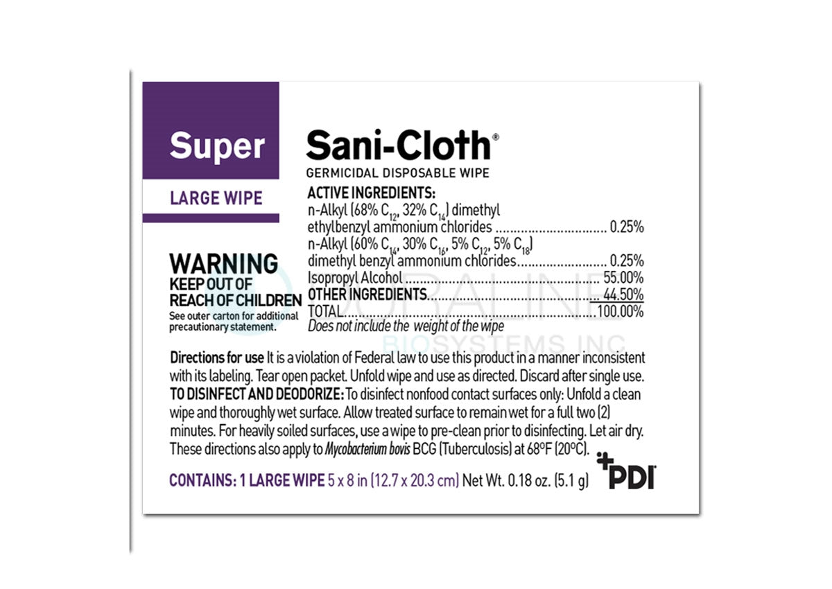 Super Sani-Cloth Germicidal Disposable Wipes H04082 5" x 8" Large individually wrapped wipes, 50/box, 10 boxes per case