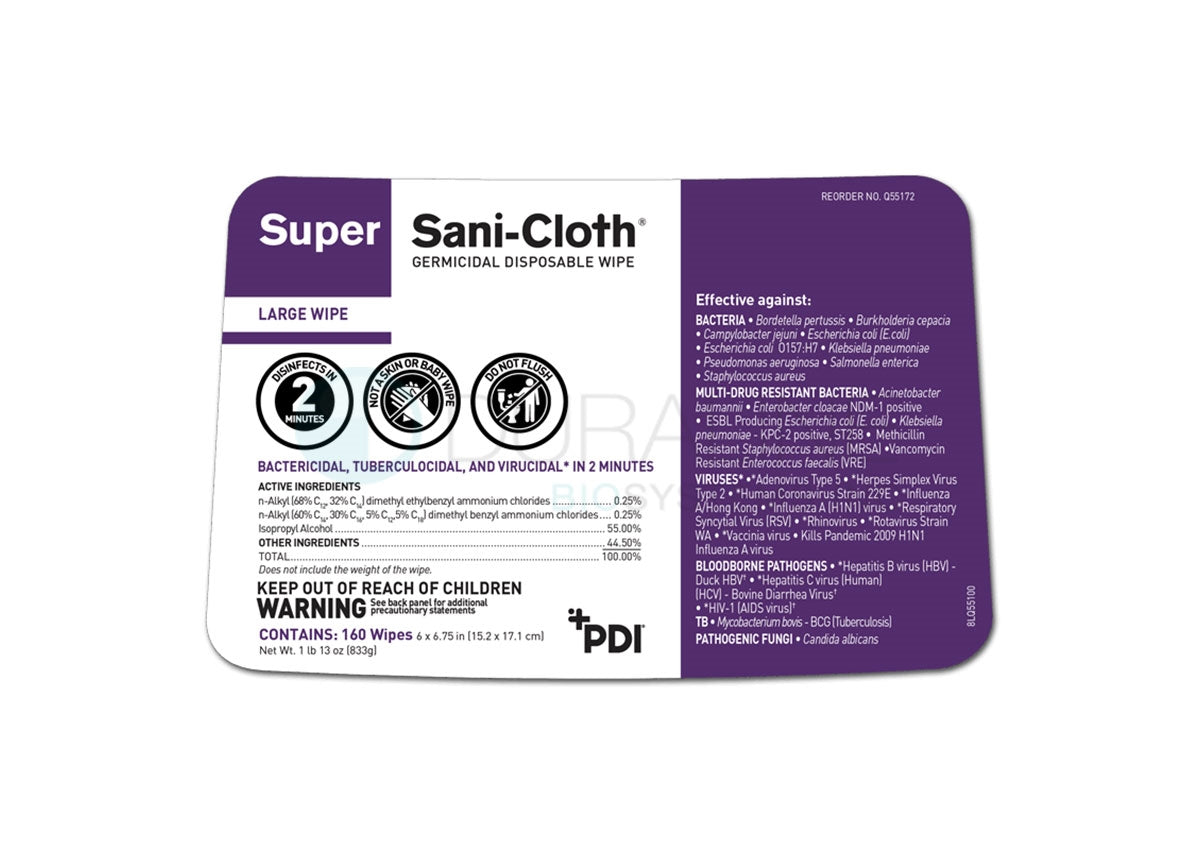 Super Sani-Cloth Germicidal Disposable Wipes Q55172 6" x 6-3/4" 160/canister, 12 canisters/case