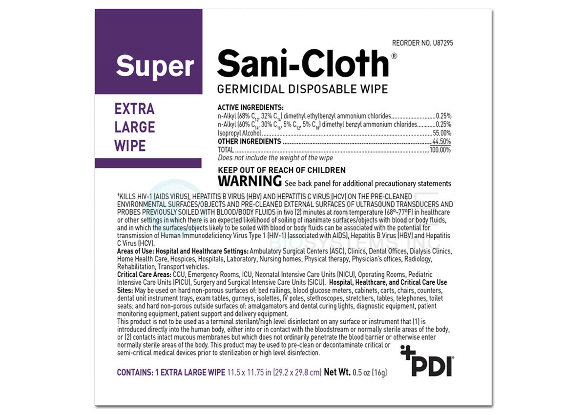 Super Sani-Cloth Germicidal Disposable Wipes U87295 11.5" x 11.75" individually wrapped X-Large wipes, 50/box, 3 boxes per case