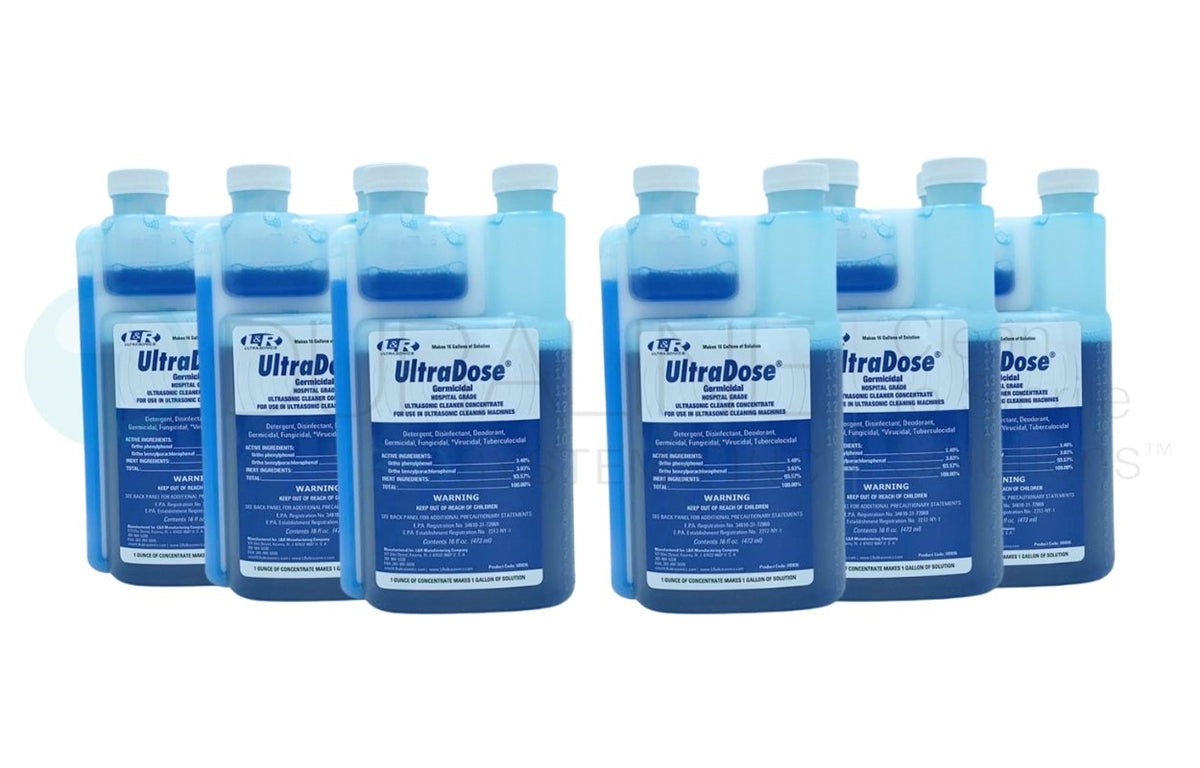 UltraDose Germicidal Hospital-Grade Ultrasonic Cleaner Concentrate, 1 oz/bottle, 6 bottles/case (16 oz makes 16 gallons)