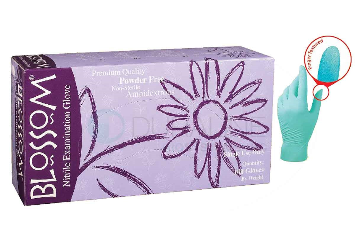 Blossom Nitrile Exam Gloves, Latex-Free, Powder-Free, Non-Sterile, Teal Blue, Textured Fingers, 100/Box Medium BM 45227