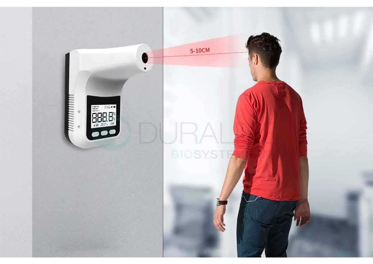 Forehead Thermometer, Wall Mount or Pole-Mounted, Automatic No-Contact Thermometer, Infrared K3 with 4-digit display, USB DC Power and 4 (AA) batteries