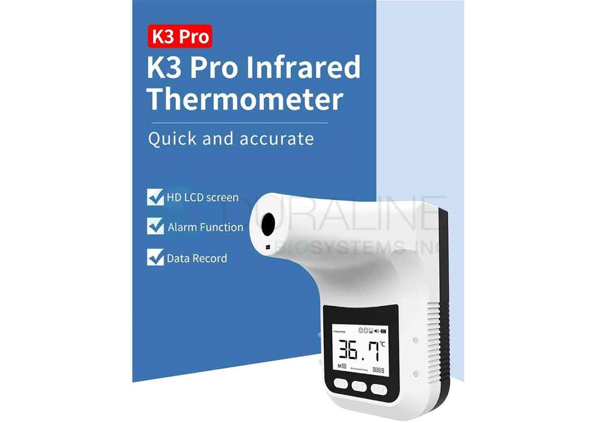Forehead Thermometer, Wall Mount or Pole-Mounted, Automatic No-Contact Thermometer, Infrared K3 with 4-digit display, USB DC Power and 4 (AA) batteries