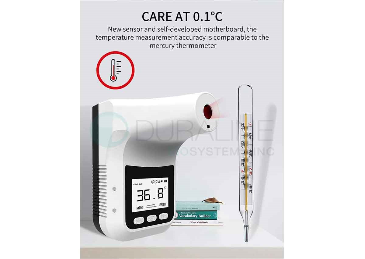 Forehead Thermometer, Wall Mount or Pole-Mounted, Automatic No-Contact Thermometer, Infrared K3 with 4-digit display, USB DC Power and 4 (AA) batteries