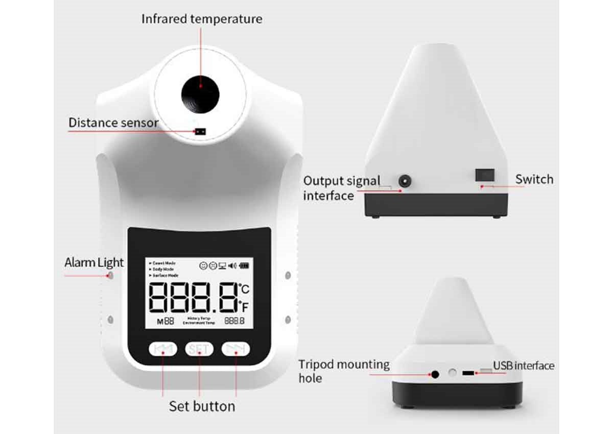 Forehead Thermometer, Wall Mount or Pole-Mounted, Automatic No-Contact Thermometer, Infrared K3 with 4-digit display, USB DC Power and 4 (AA) batteries