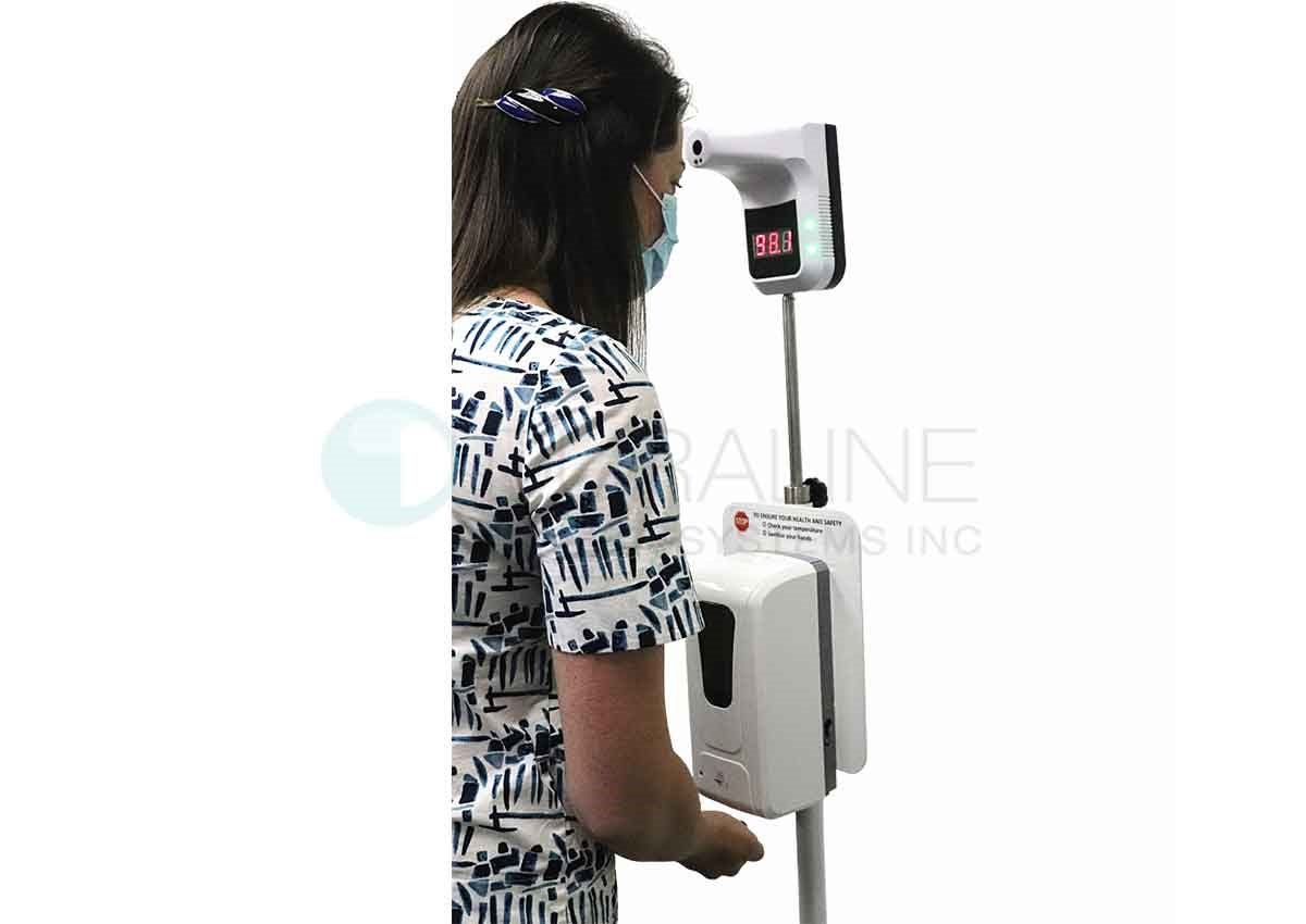 Sanitizer Stand, White Powder-Coated Finish, with 24" Adjustable stainless steel mount for Thermometer