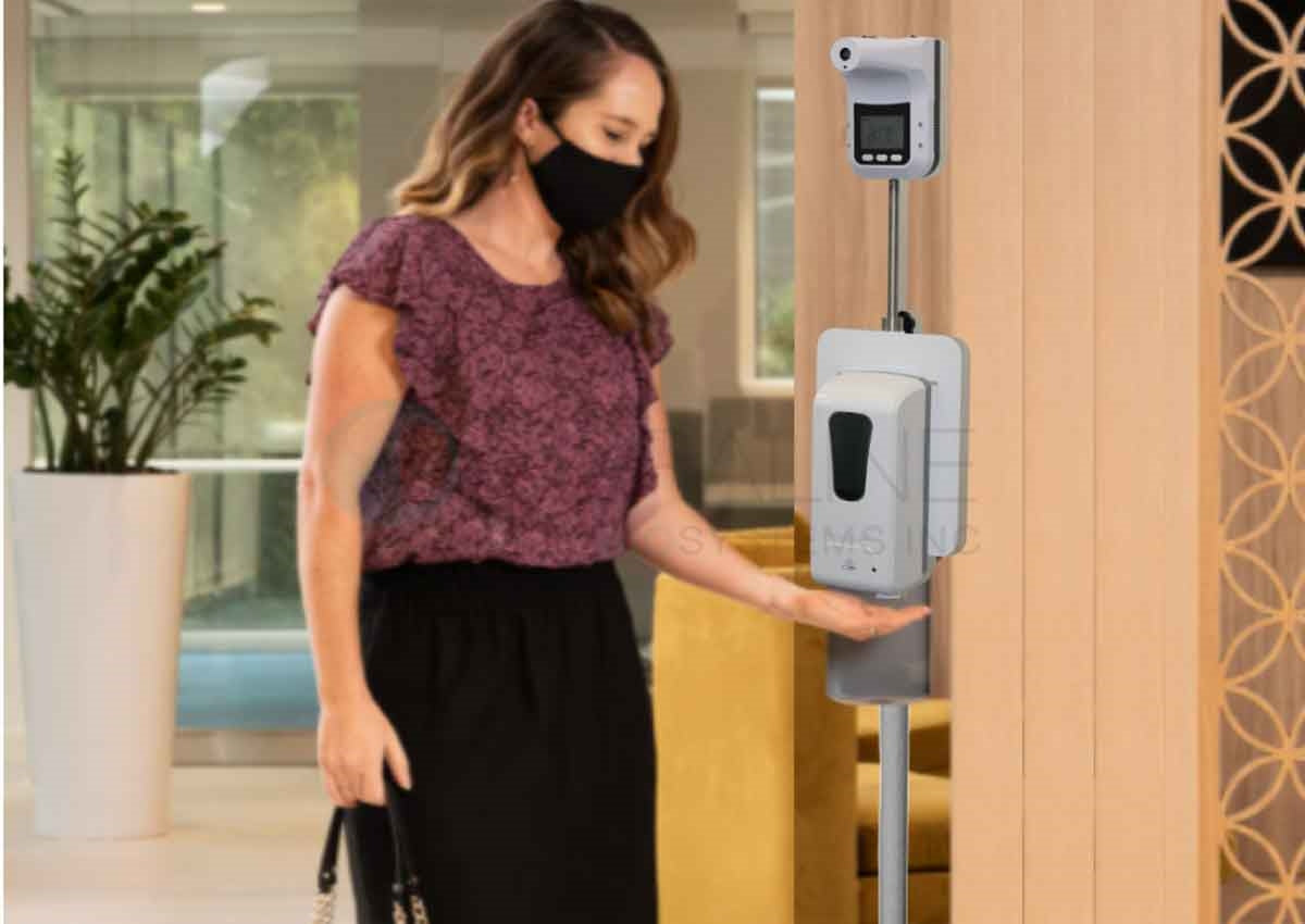Sanitizer Stand, White Powder-Coated Finish, with 24" Adjustable stainless steel mount for Thermometer